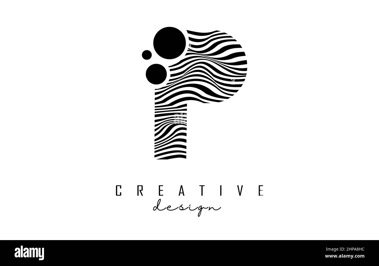 P-Logo mit schwarzen Linien und Punkten. Vektorgrafik mit geometrischer Typografie. Kreative Ikone mit Brief. Stock Vektor