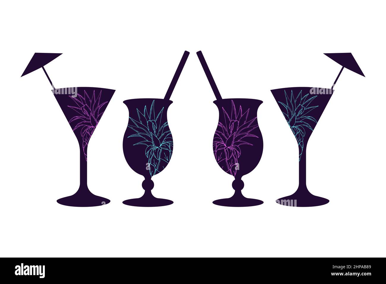 Set von Cocktails Sommer dunkle Silhouetten mit Ananas Umriss, handgezeichnete Doodle, isoliert, weißer Hintergrund. Vektorgrafik Stock Vektor