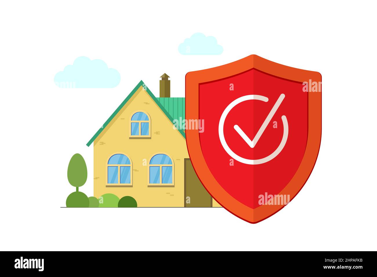 Abschirmung mit Prüfmarkierung zum Schutz des Hauses. Home Verletzungen Risiko Gesetz rechtliche Bereitschaftsplanung Konzept. Konzept für die Bewachung von Eigentum und Sicherheit. Abbildung des Versicherungssymbols eps Stock Vektor