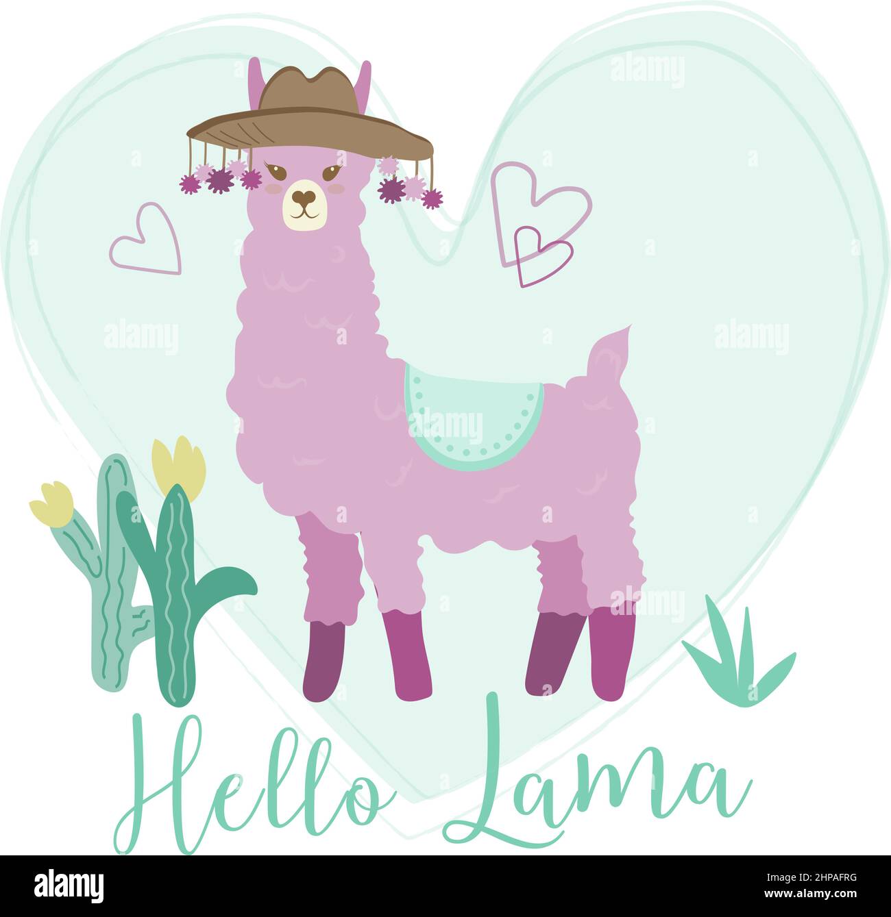 Verliebte lila Lamas auf einem mintgrnen Hintergrund. Kaktus und die  Inschrift hallo lama Llama in einem Hut mit Pompoms. Hintergrund mit  Herzen. Der Vektor ist m Stock-Vektorgrafik - Alamy
