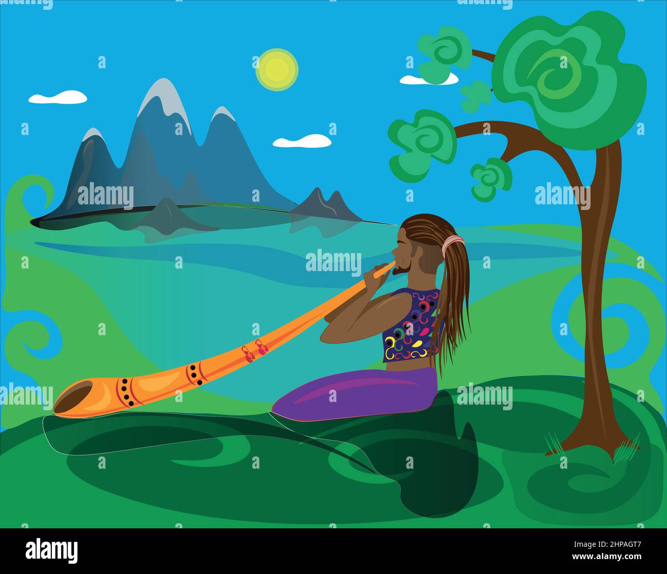Mann spielt das Didgeridoo. Vor dem Hintergrund einer wunderschönen Berglandschaft sitzt ein hübscher Mann auf dem Gras und spielt das Didgeridoo, seinen Mus Stock Vektor