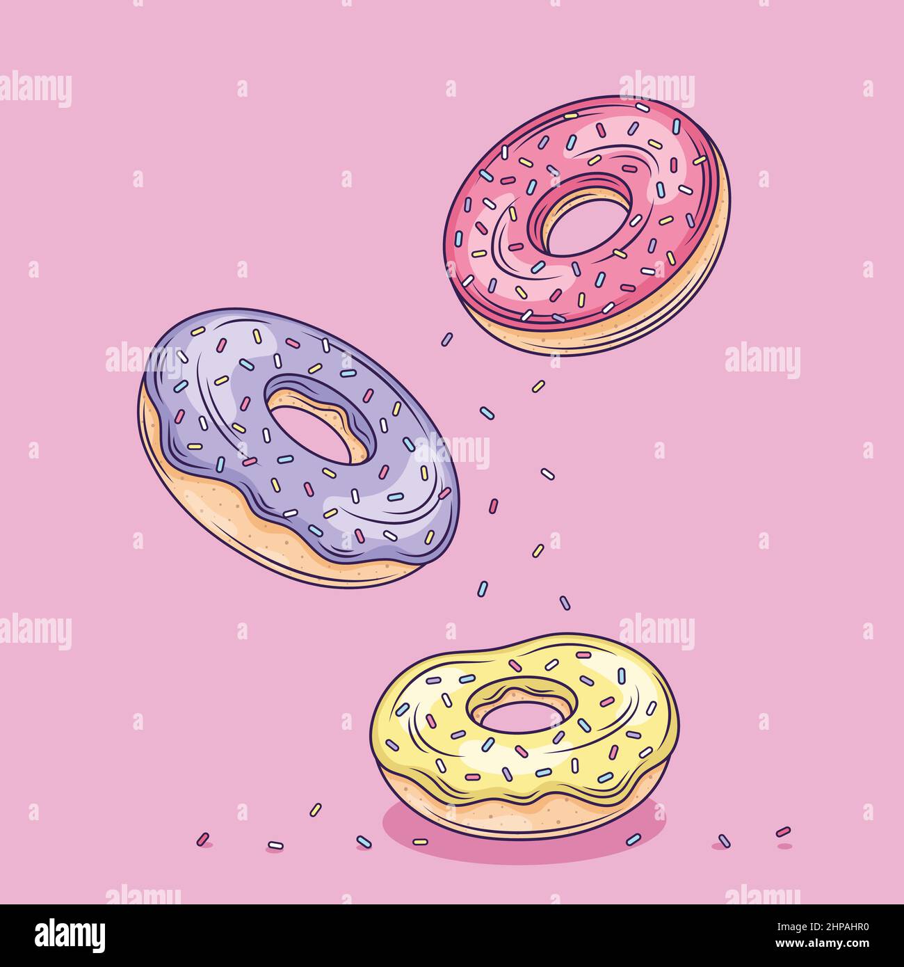 Fliegende Donuts Cartoon Vektor-Symbol Illustration. Stock Vektor