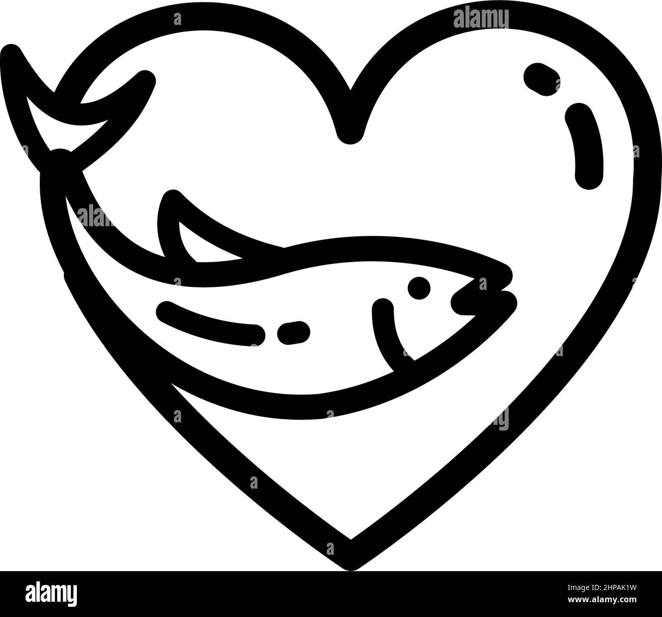 Fischöl-Symbol auf weißem Hintergrund isoliert. Vorlage für Vitamin Omega 3. Tropfen, Herz und Fisch Silhouette. Modischer Linienstil. Behandlung Ernährung, Gesundheit Stock Vektor