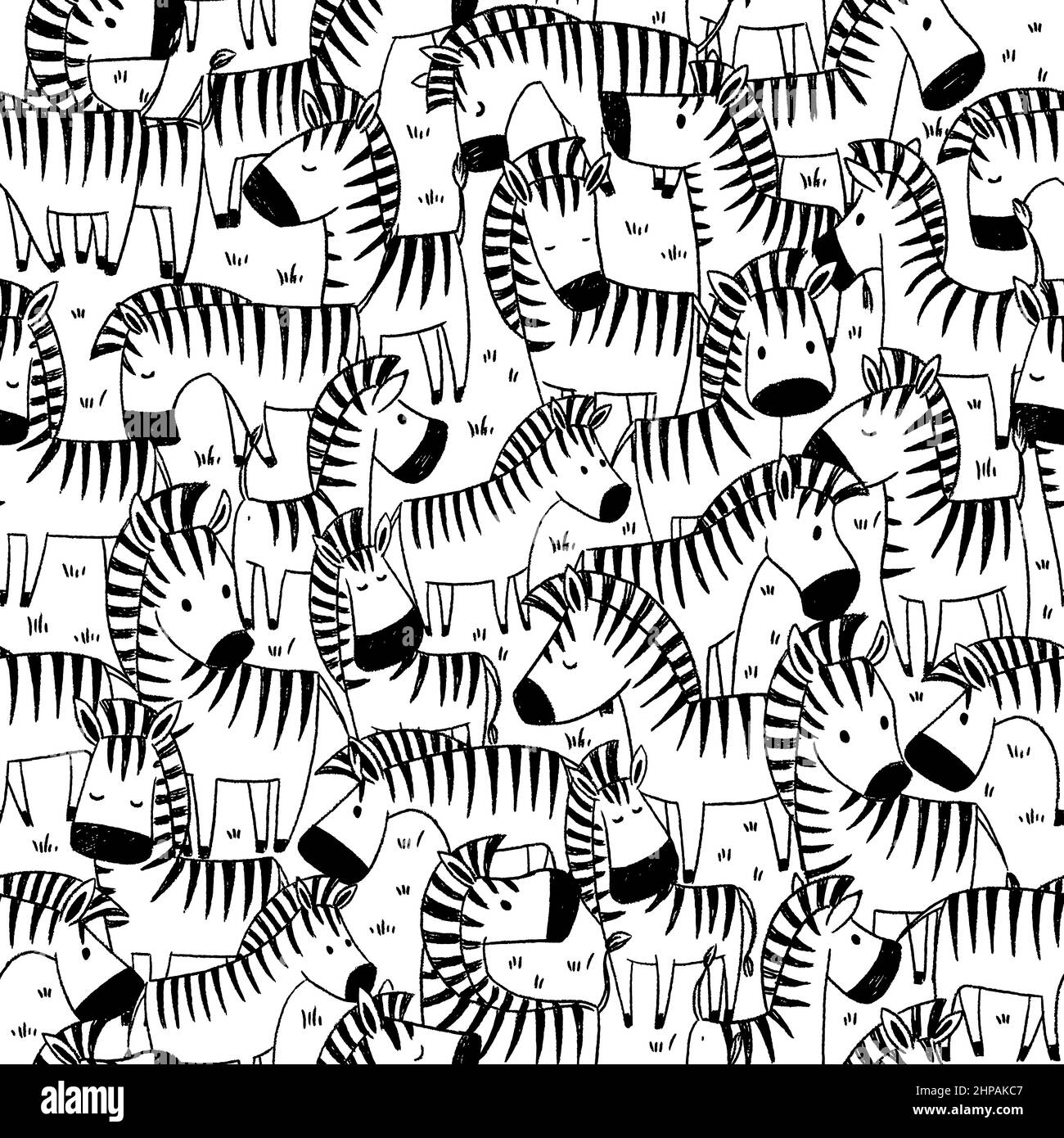 Lustige Tiere. Herde Zebras im Doodle-Stil. Schwarz-Weiß Vektor nahtloses Muster Stock Vektor
