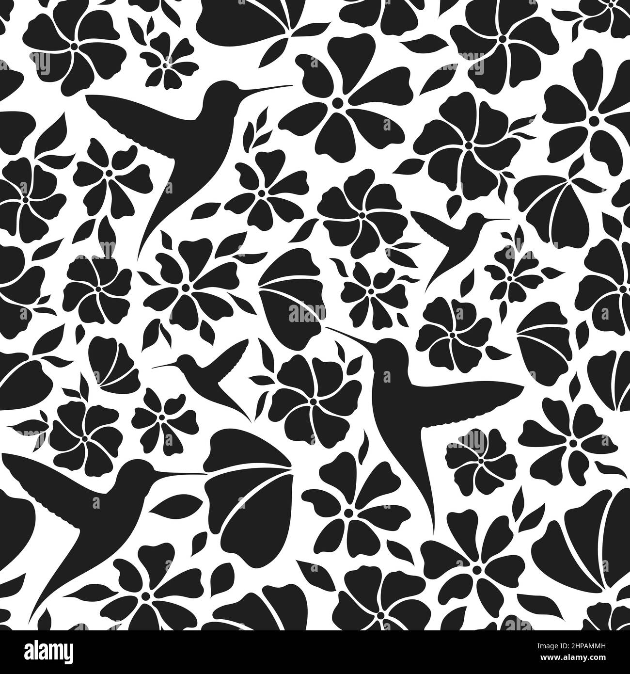 Natürliches Muster lässt Vogelblumen schwarze Silhouette. Floral Hintergrund Stempel Stoff Textil monochromen Bloom Stil. Design Web Scrapbook Magazin Einladung Postkarte nahtlose Natur Element isoliert Stock Vektor