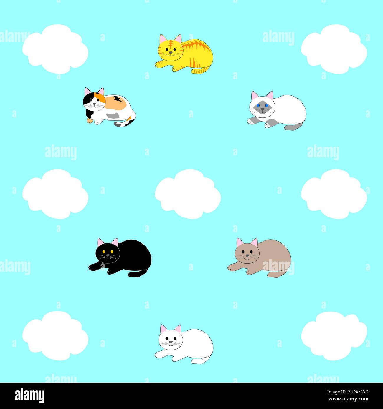 Nahtloses Muster mit Katzen und Wolken Stockfoto