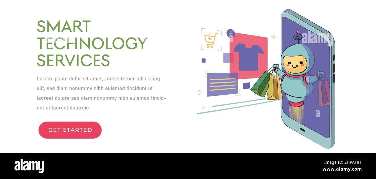 Moderne Roboter hält Einkaufstaschen, Sonderangebot, Verkauf, künstliche Intelligenz Konzept. Roboter virtuellen Assistenten Website oder mobile Apps. Stock Vektor