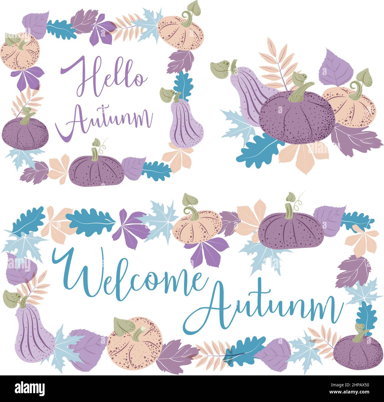 Eine Reihe von Rahmen und Kompositionen für die Gestaltung von Postkarten. Kürbisse und Herbstblätter in lila. „Hello Autumn“-Schriftzug Geeignet für Plakate und ich Stock Vektor