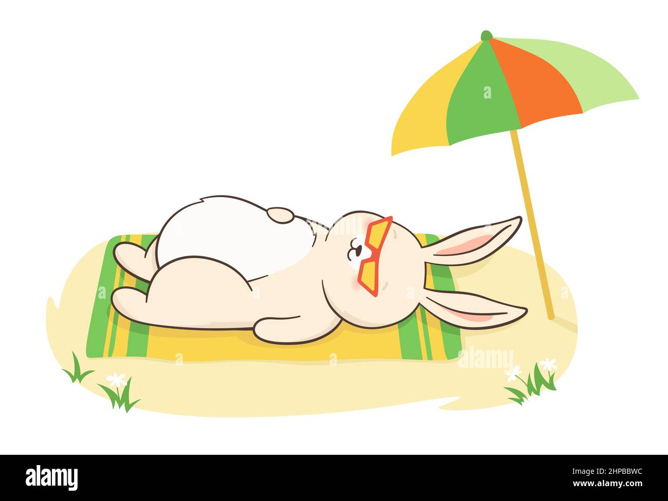 Kaninchen in Sonnenbrillen unter Regenschirm-Poster. Bunny kindischen Charakter am Strand, entspannende Hase Sonnenbaden Maskottchen Jahr. Hallo Sommer Resort Outdoor Cartoon Vektor Illustration Stock Vektor