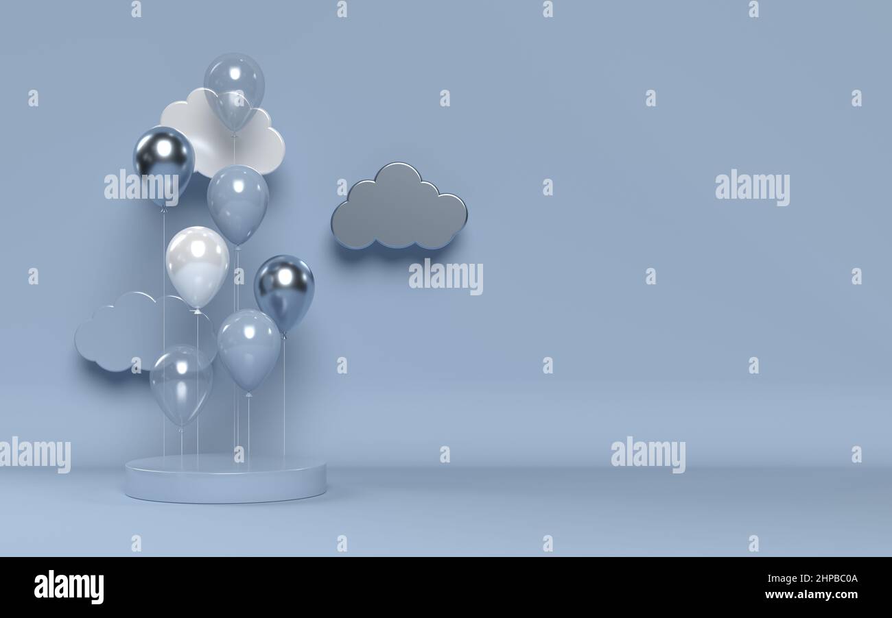 3D glänzende Ballons mit Podium und Wolken. Stockfoto