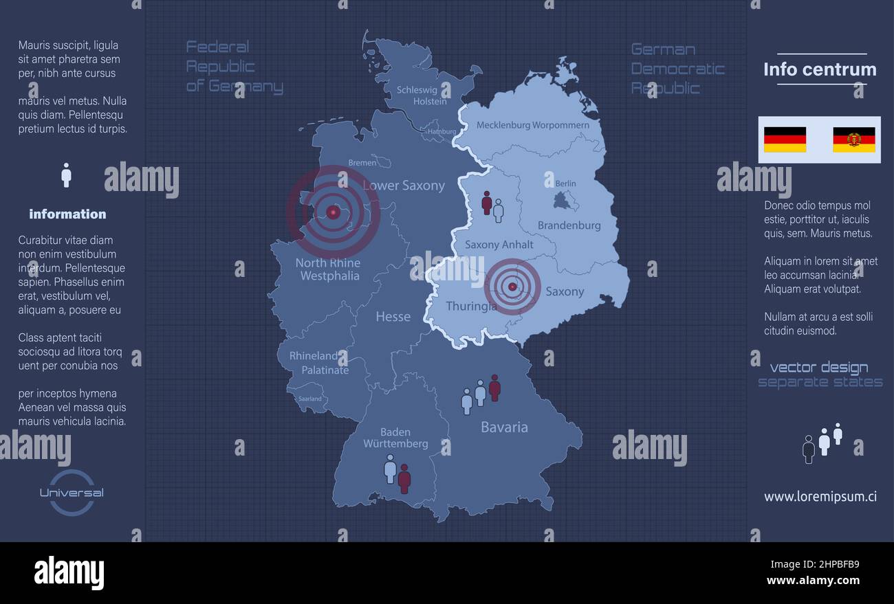 Deutschland-Karte aufgeteilt auf West- und Ostdeutschland mit Regionen mit Namen, Infografiken blau flach Design-Vektor Stock Vektor
