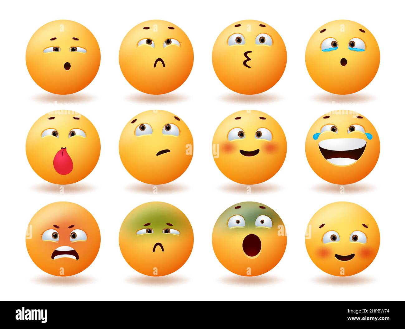 Emoji niedlichen Emoticons Vektor-Set-Design. Emoticon Charakter Gesichter mit Kreuzaugen, glücklich, lächelnd und wütend Reaktion für Emojis lustige Gesichtssammlung. Stock Vektor