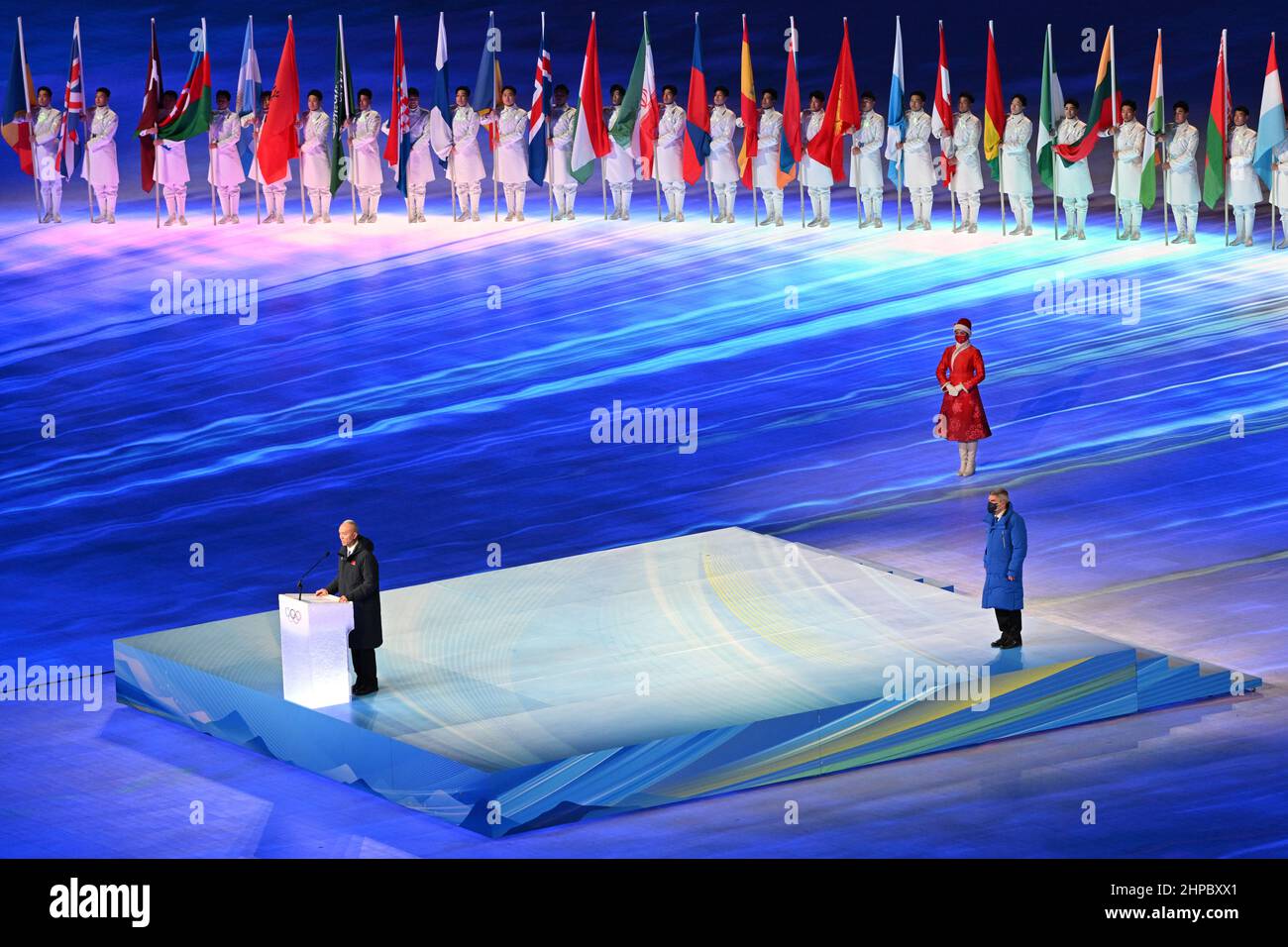 Peking, China. 20th. Februar 2022. Olympische Spiele, Abschlusszeremonie der Olympischen Winterspiele 2022, im Bird's Nest National Stadium, Cai Qi, Vorsitzender des Organisationskomitees für die Spiele 2022, spricht bei der Abschlusszeremonie der Olympischen Winterspiele 2022. Kredit: Peter Kneffel/dpa/Alamy Live Nachrichten Stockfoto