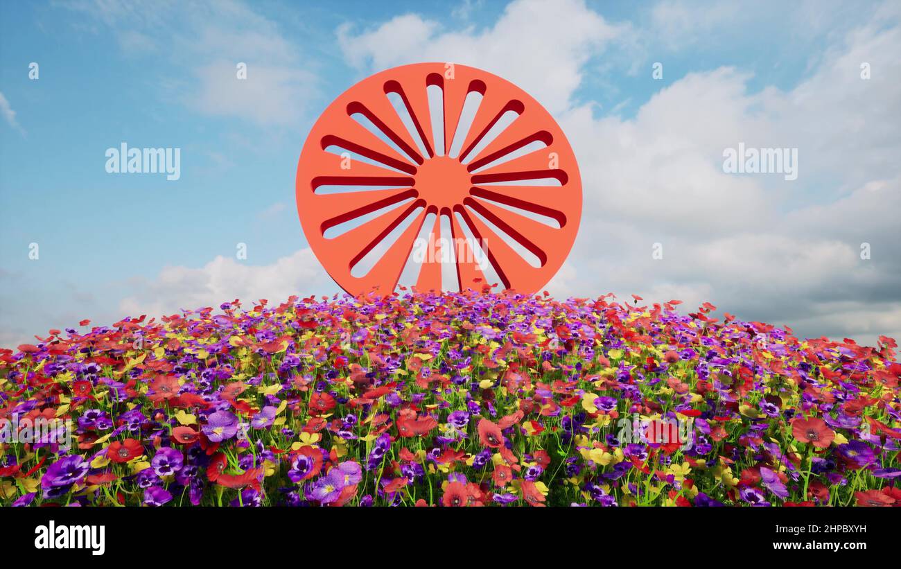 International Romani Day Travel Konzept rot gut Gras und Farbe Blumen 3D Render Stockfoto