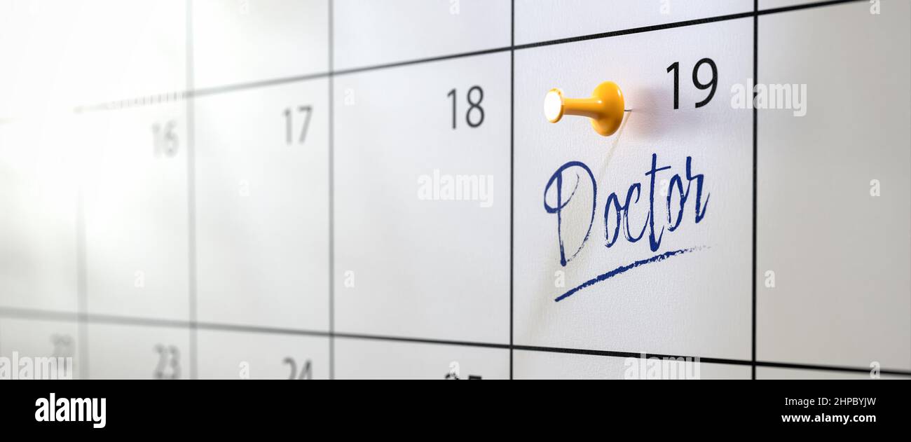Ärzte Termin Konzept. Ein Kalender mit einem Eintrag „Doctor“ und einem Daumennack. Selektiver Fokus. Webbanner-Format Stockfoto