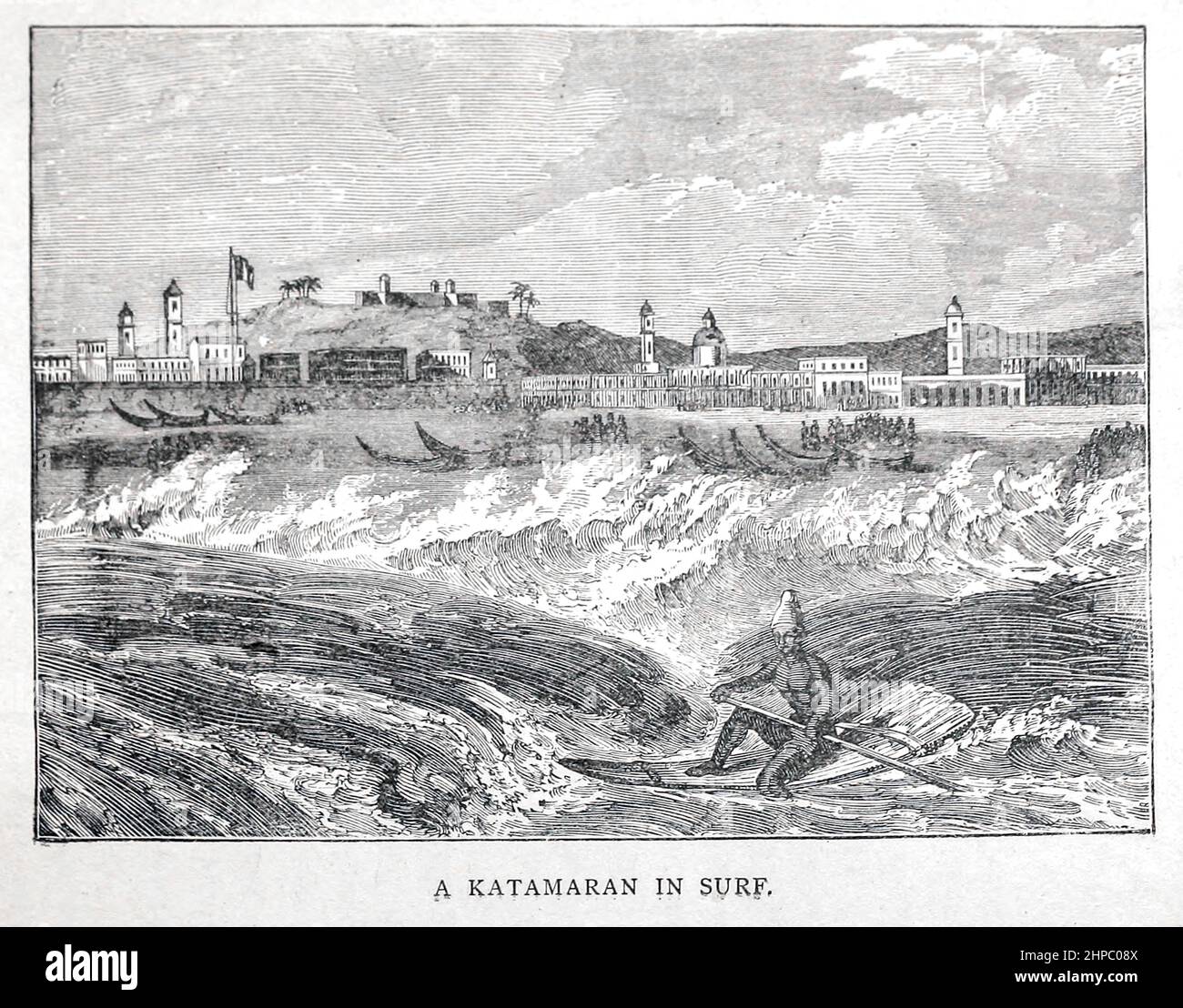 Ein Katamaran [möglicherweise ein Katamaran] in der Brandung vom Handelsschiff : ein Matrosenjunge fährt die Welt [um die Welt] von Nordhoff, Charles, 1830-1901 graviert von C. Laplante; einige Illustrationen von W.L. Wyllie Verlag New York : Dodd, Mead & Co. 1884 Stockfoto