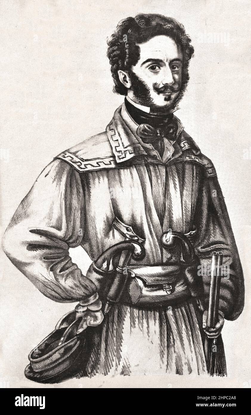 Giacomo Antonini 1792-1854 ( Vereinigung und Gründung des Königreichs Italien.) Militärische Karriere 1811. offizier in der Armee Napoleons I. war er zuerst in Dalmatien und dann in Russland. Hier wurde er gefangen genommen, floh nach Sibirien und kehrte in seine Heimat zurück, wo er mit der Ehrenlegion und der Beförderung zum Oberstleutnant geschmückt wurde. Später in seiner militärischen Karriere war er an der Spitze einer Expedition nach Savoyen und dann während der Schlacht von Monte Berico verlor er seinen rechten Arm. Stockfoto