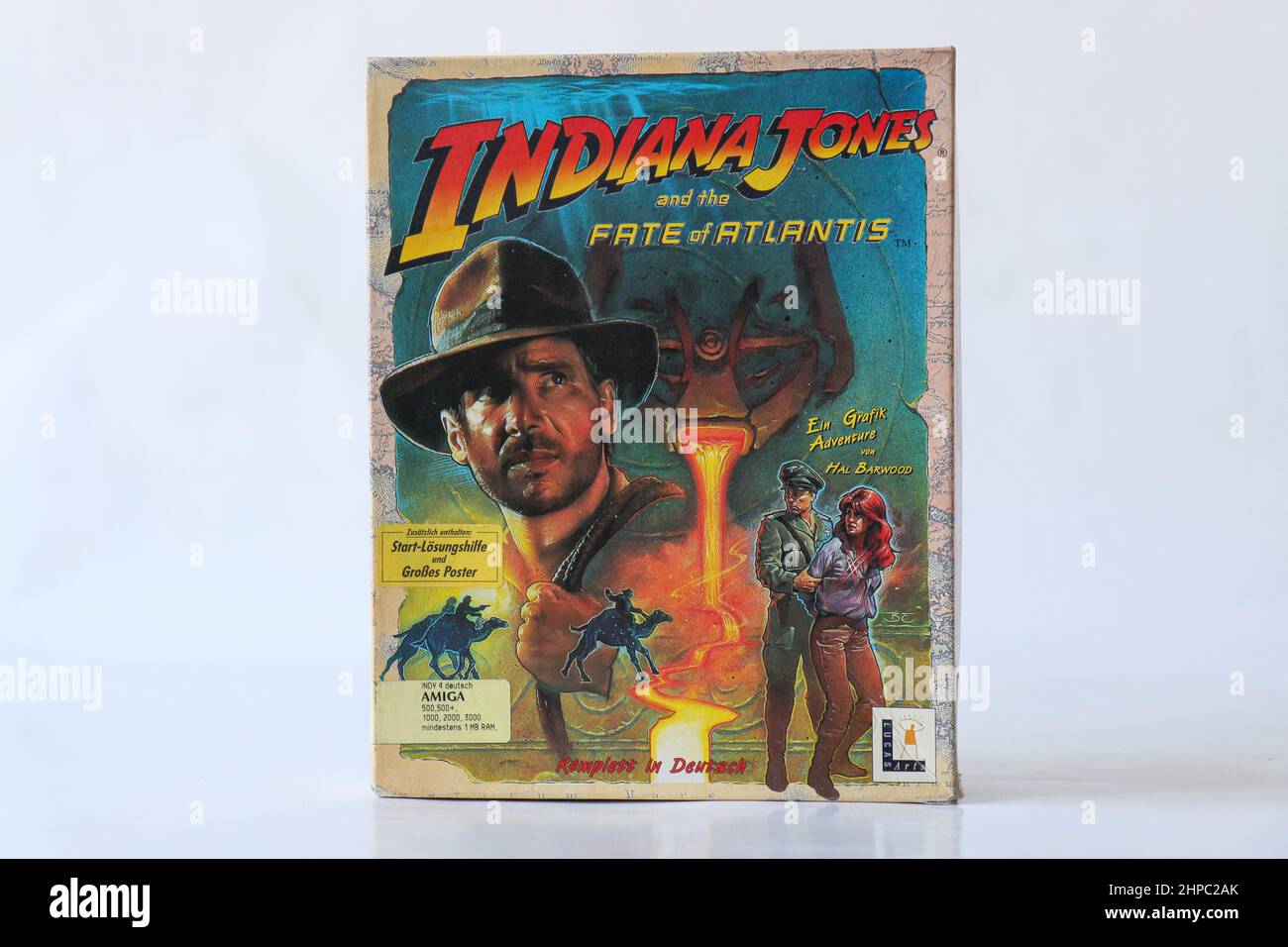 Vintage Retro Videospiel INDIANA JONES UND DAS SCHICKSAL VON ATLANTIS für den Commodore Amiga auf Floppy Disks. Stockfoto