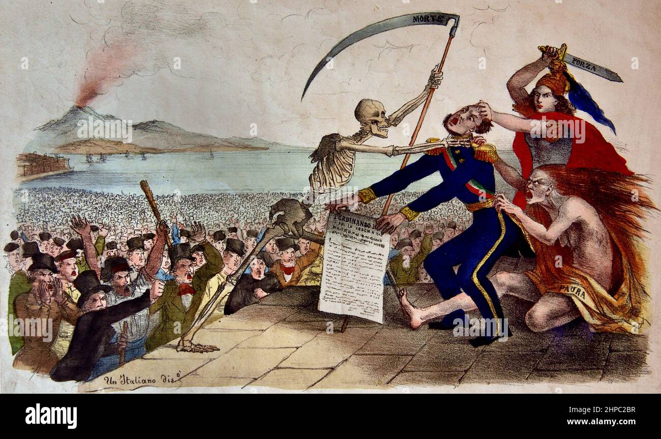 Karikatur von Fernando II gezwungen, die Reformen zu gewähren, 1848 ( Vereinheitlichung und die Schaffung des Königreichs Italien.) Ferdinand II. 1810–1859 war von 1830 bis zu seinem Tod 1859 König der beiden Sizilien. Stockfoto