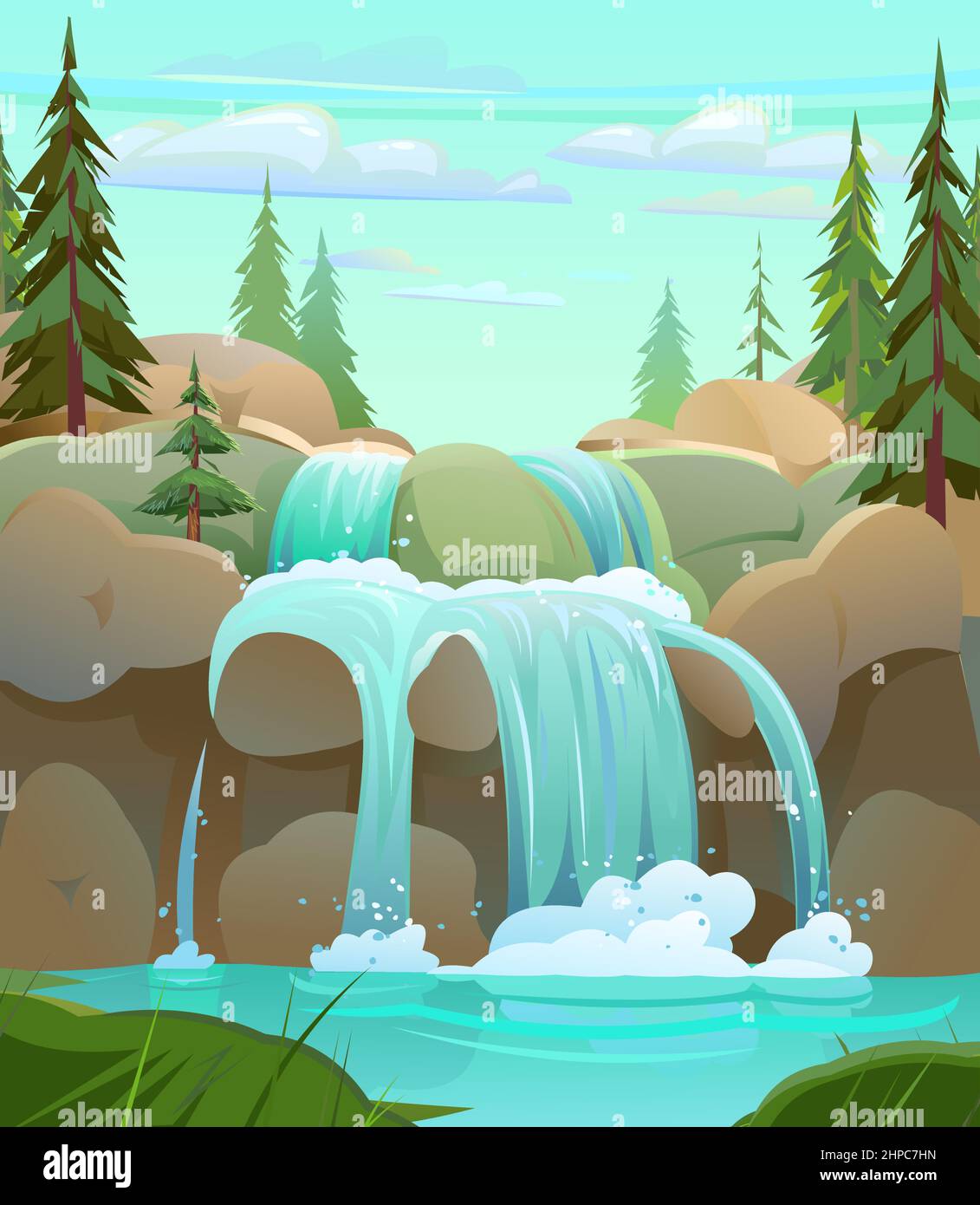 Landschaft mit Wasserfall abgerundeten Felsen zwischen Felsen. Kaskade schimmert nach unten. In Taiga oder Nadelwald. Fließendes Wasser. Schöner Cartoon-Stil. Flach Stock Vektor