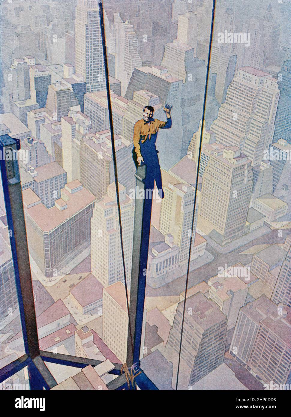 Arbeiter sitzen mit einem Stahlträger während des Gebäudes eines Wolkenkratzers in New York Amerika in den 1930er Jahren. Aus dem Wonder Book of Science, erschienen in den 30er Jahren. Stockfoto