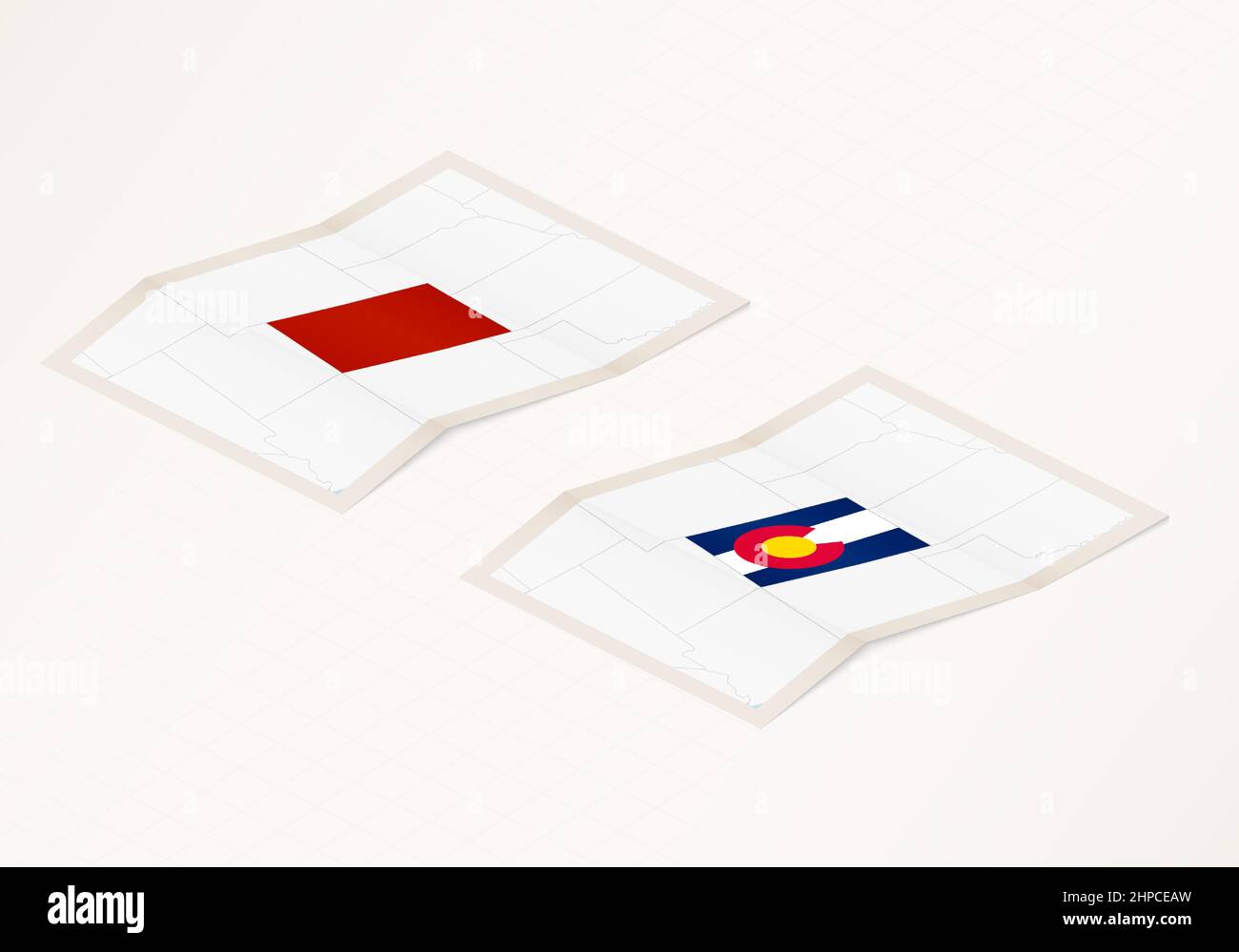 Zwei Versionen einer gefalteten Karte von Colorado mit der Flagge des Landes Colorado und mit der roten Farbe hervorgehoben. Satz isometrischer Vektorkarten. Stock Vektor