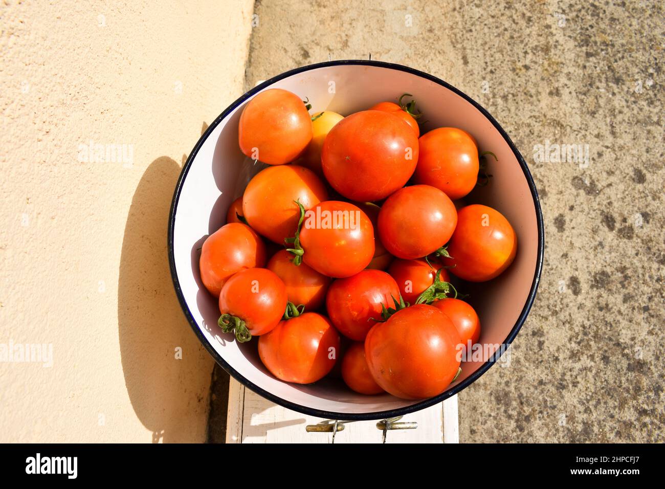 Rote Tomaten in eine Schüssel geben Stockfoto