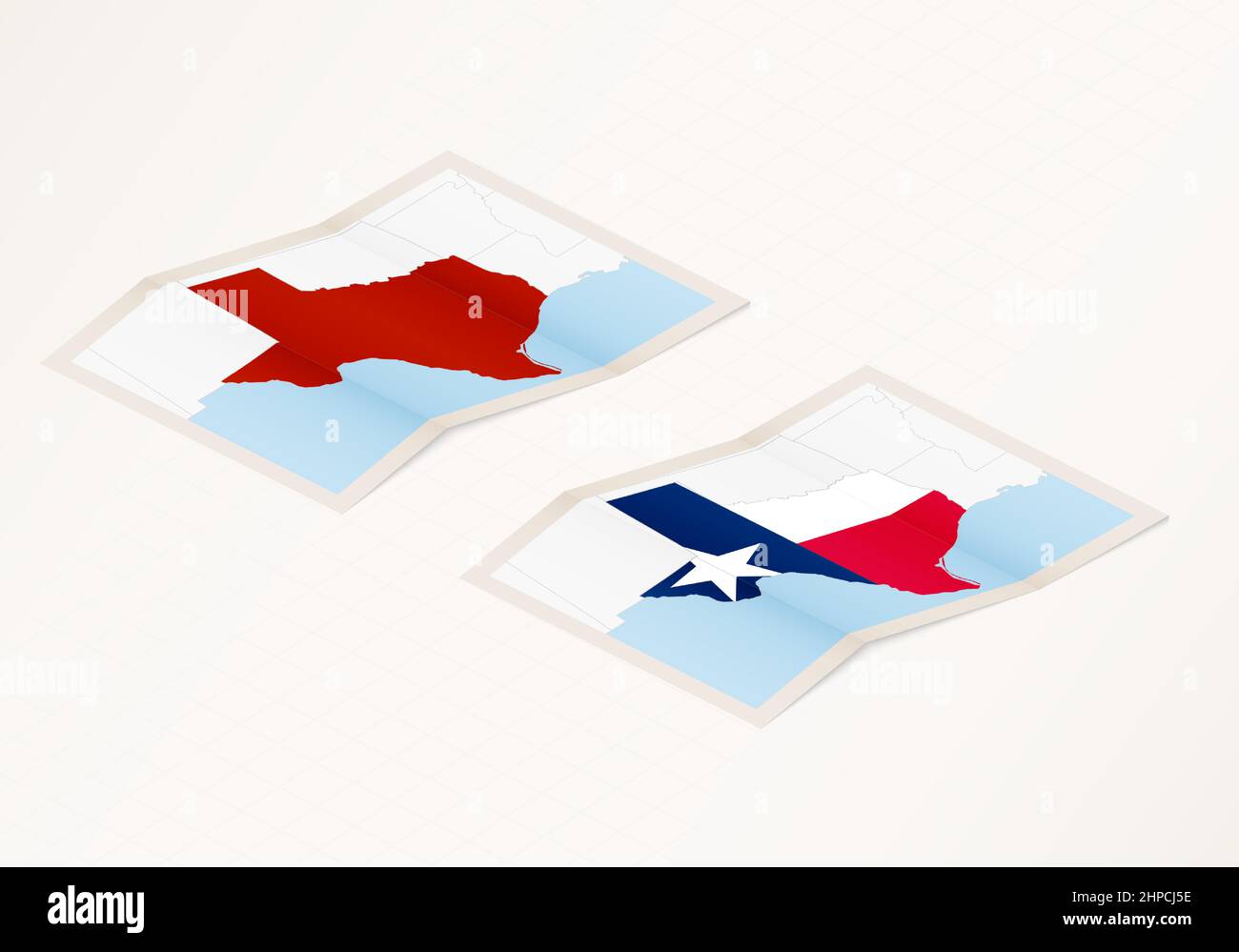 Zwei Versionen einer gefalteten Karte von Texas mit der Flagge des Landes Texas und mit der roten Farbe hervorgehoben. Satz isometrischer Vektorkarten. Stock Vektor