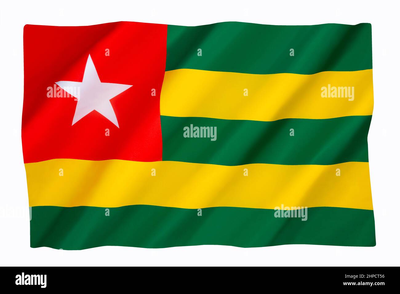 Die Nationalflagge und das Fähnchen des westafrikanischen Landes Togo, der offizielle Name ist die togolesische Republik. Stockfoto