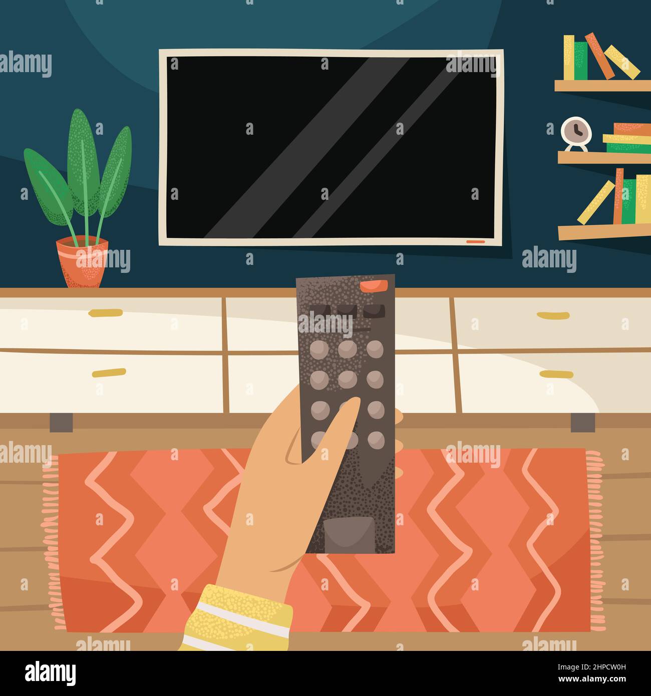Vektordarstellung einer Person, die mit einer TV-Fernbedienung die Sender wechselt. Das Innere eines Wohnzimmers mit einem Fernseher, einer Brust und einer Topfpflanze. Stock Vektor
