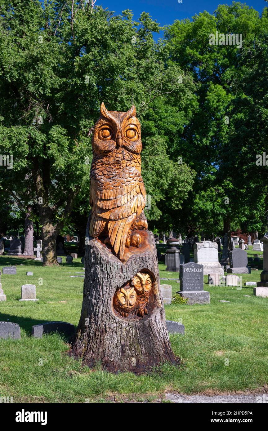 Baumschnitzen von Eulen auf dem Woodlawn Cemetery in der Bronx, New York City Stockfoto