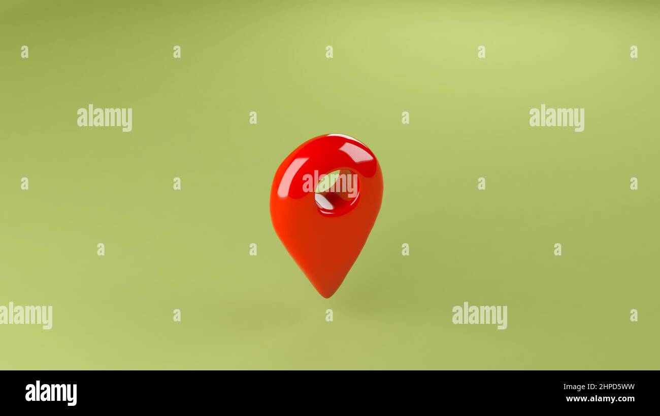 Rotes Pin-Symbol für Positionskarte auf grünem Hintergrund, abbildung 3D Stockfoto