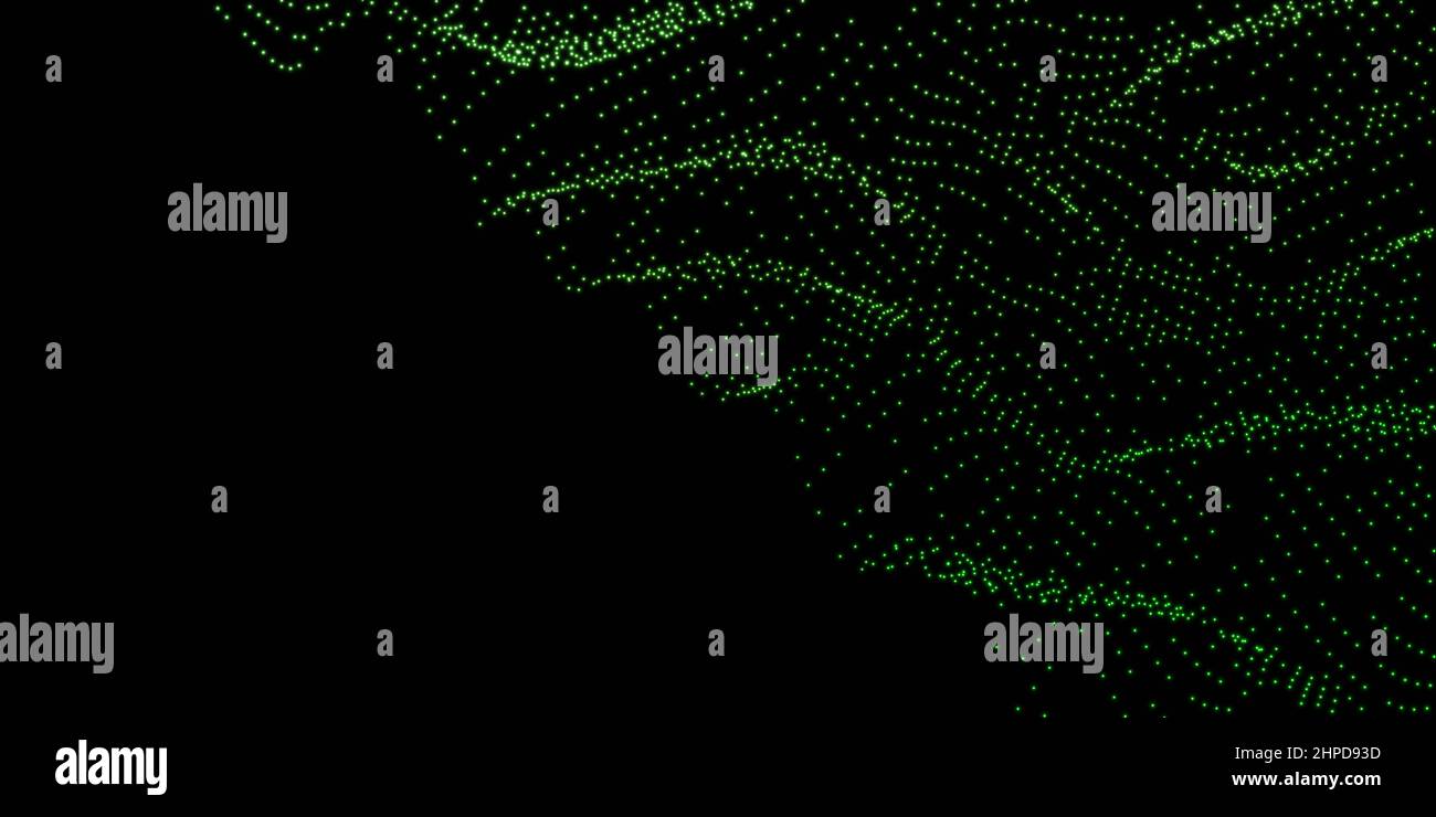 Abstract Green Technology Point Mesh Netzwerk im dunklen Raum 3D Rendering Illustration Stockfoto