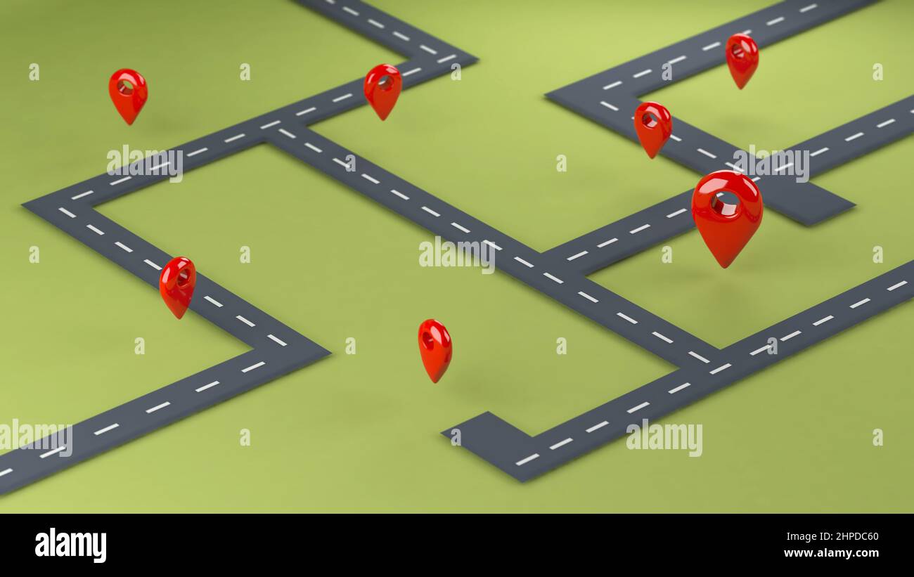 Mehrere rote Positionsstifte auf einfachem Straßenkarte-Versandkonzept, abbildung 3D Stockfoto