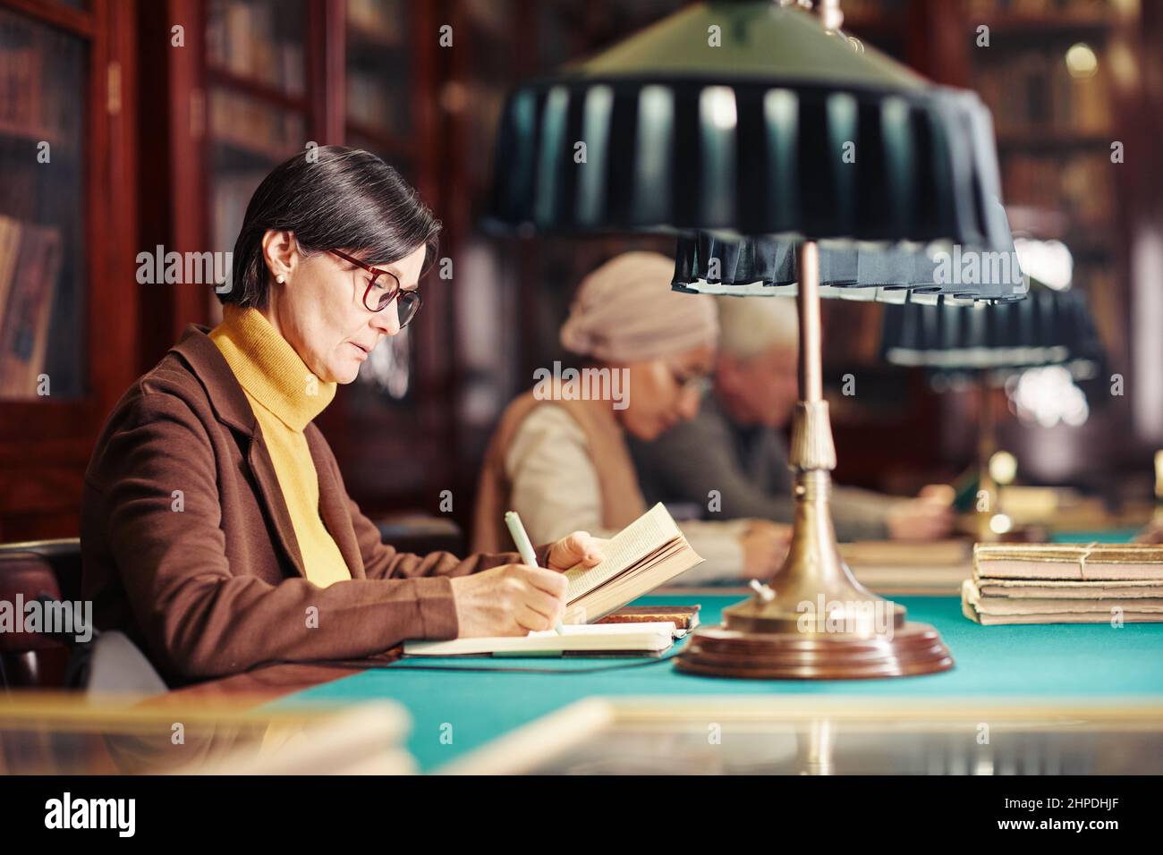 Seitenansicht Porträt einer erwachsenen Frau, die in der klassischen Bibliothek durch Lampe Licht studiert, Raum kopieren Stockfoto