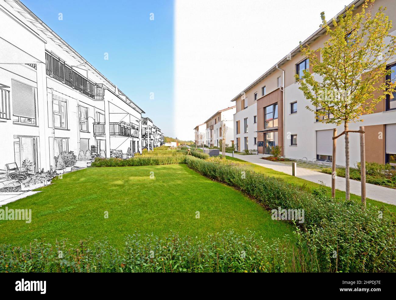 Von der Zeichnung Skizze eines Wohngebiets bis zur Fertigstellung der modernen Wohngebäude, neue grüne Stadtlandschaft in der Stadt Stockfoto