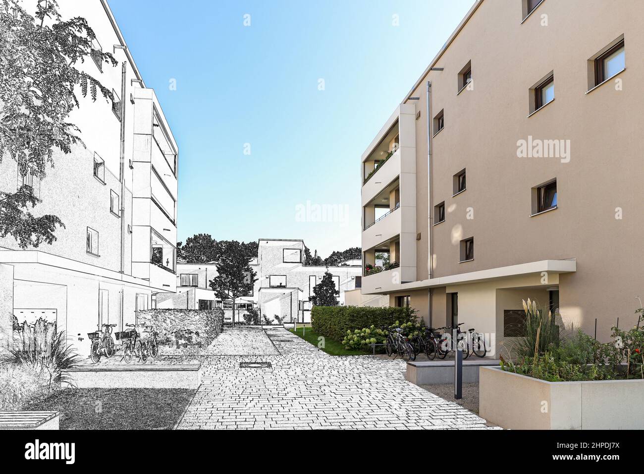 Zeichnung Skizze eines Wohngebietes mit modernen Wohngebäuden, neue grüne Stadtlandschaft in der Stadt Stockfoto