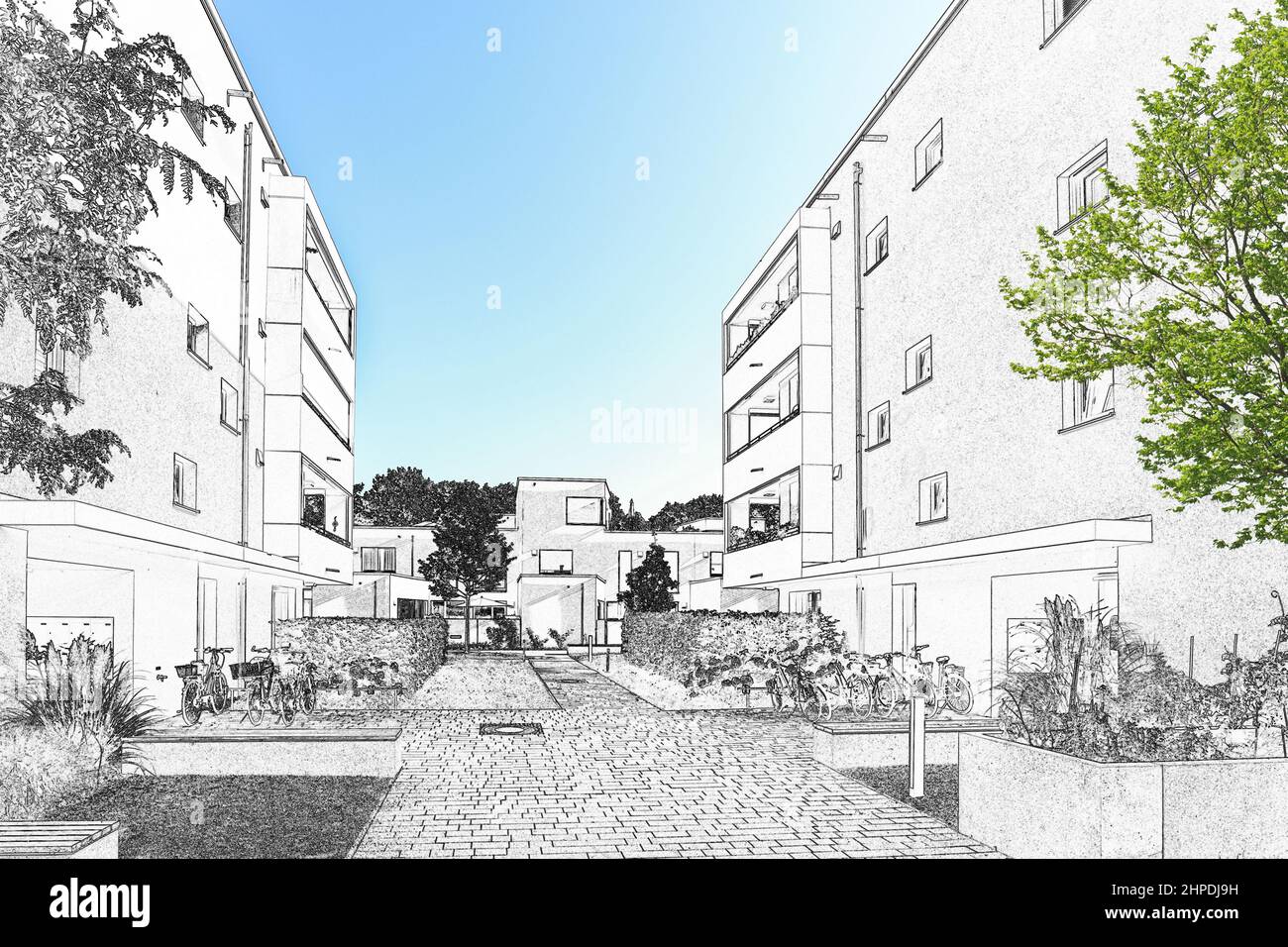 Zeichnung Skizze eines Wohngebietes mit modernen Wohngebäuden, neue grüne Stadtlandschaft in der Stadt Stockfoto