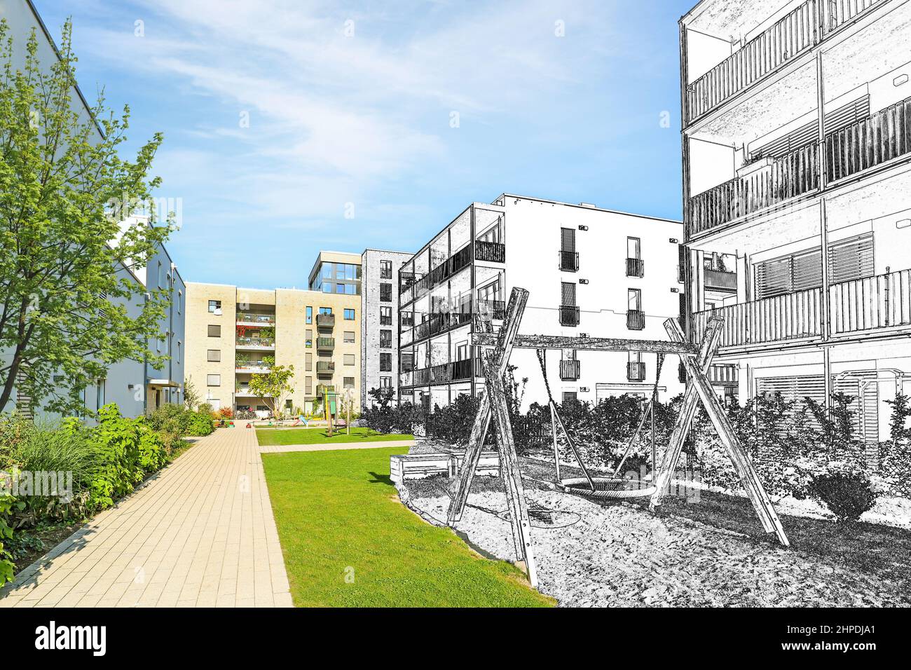 Zeichnung Skizze eines Wohngebietes mit modernen Wohngebäuden, neue grüne Stadtlandschaft in der Stadt Stockfoto