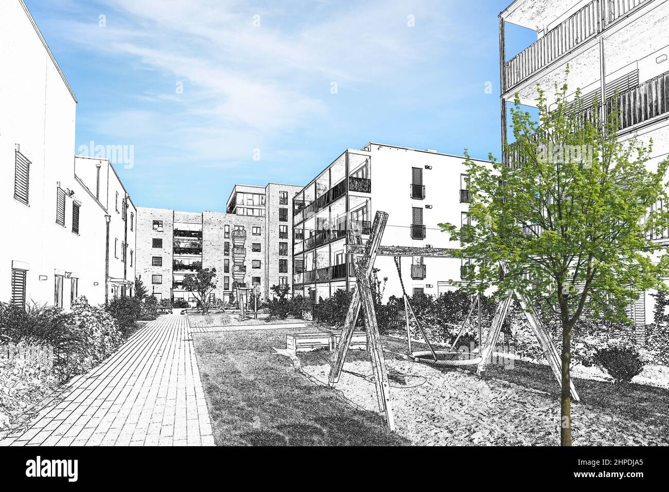 Zeichnung Skizze eines Wohngebietes mit modernen Wohngebäuden, neue grüne Stadtlandschaft in der Stadt Stockfoto