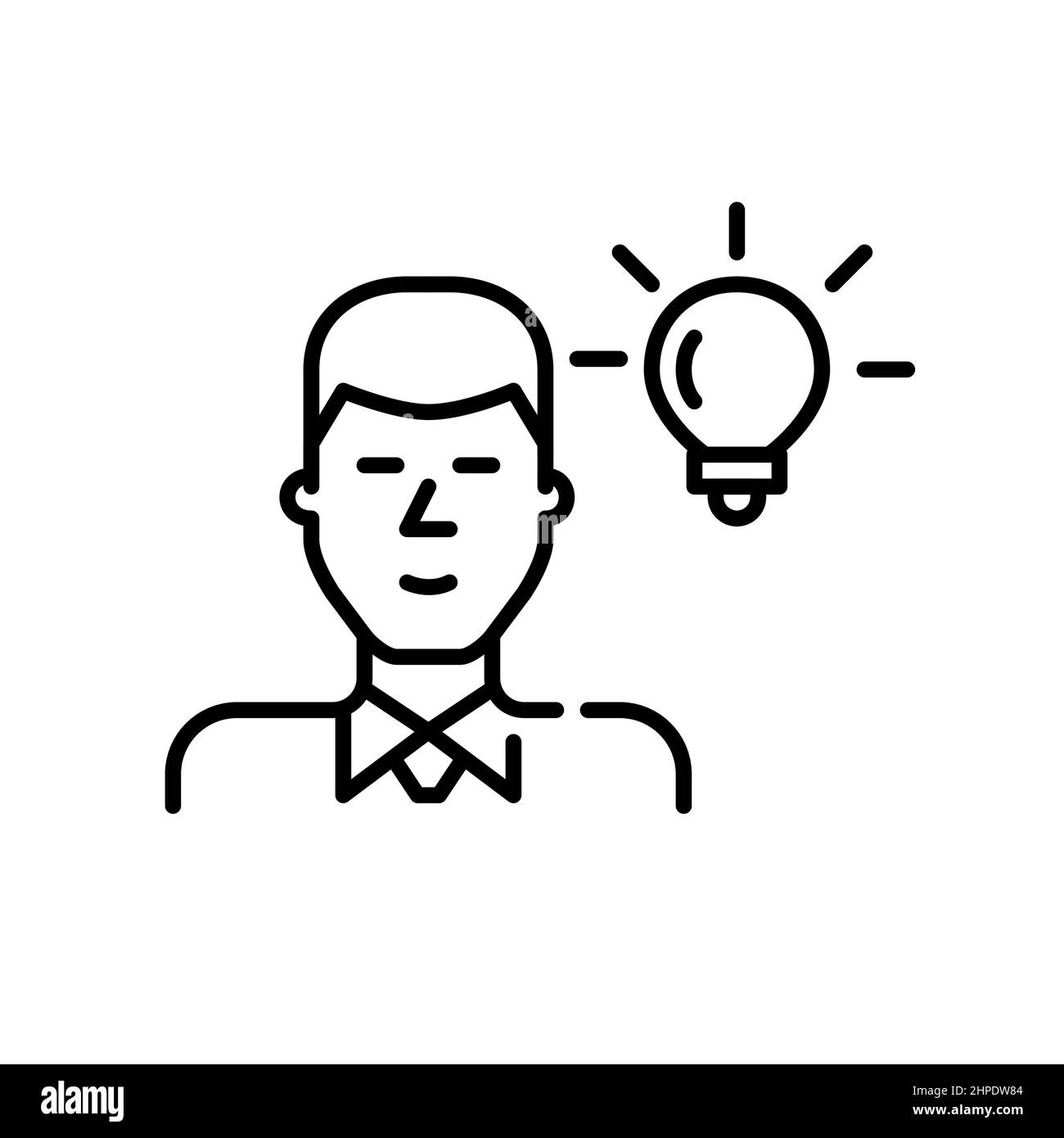Junger Geschäftsmann, der eine Idee hat. Mann in einem Anzug mit einer Glühbirne. Pixel Perfect, bearbeitbares Kontursymbol Stock Vektor