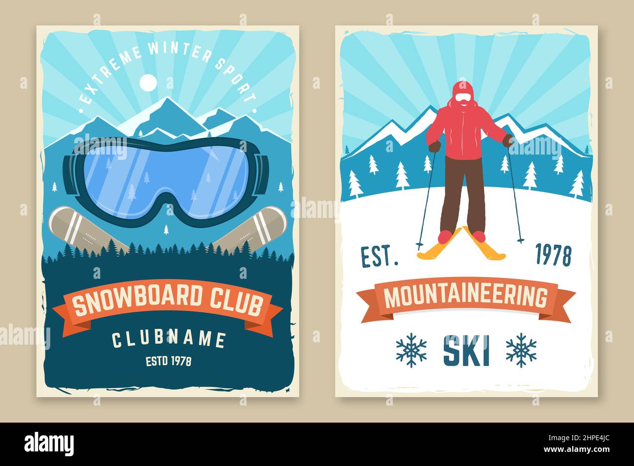 Retro-Poster zum Bergsteigen. Vektor. Konzept für alpines Clubhemd, bedruckt. Vintage Typografie Design mit Berg Silhouette und Skifahrer. Familie Stock Vektor