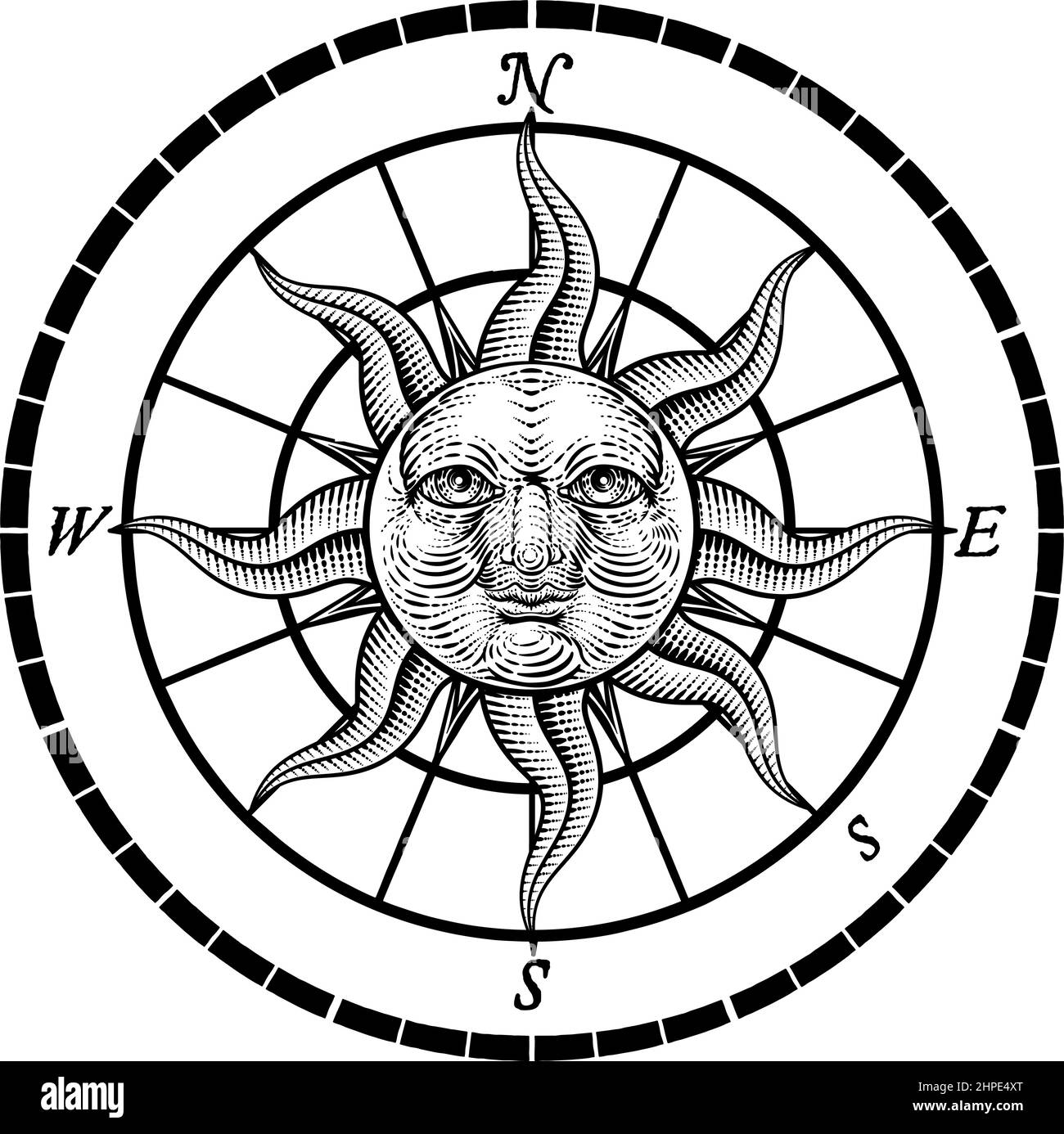 Kompass Sonne Gesicht Ätzrose Holzschnitt Zeichnung Stock Vektor