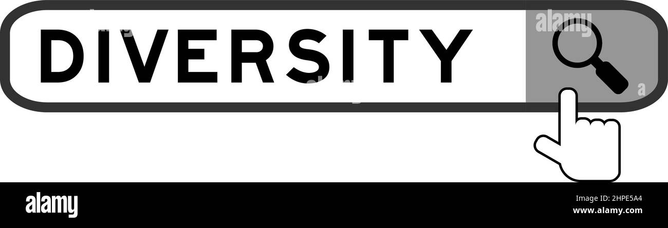 Suchen Sie Banner in Wortvielfalt mit Hand über Lupensymbol auf weißem Hintergrund Stock Vektor