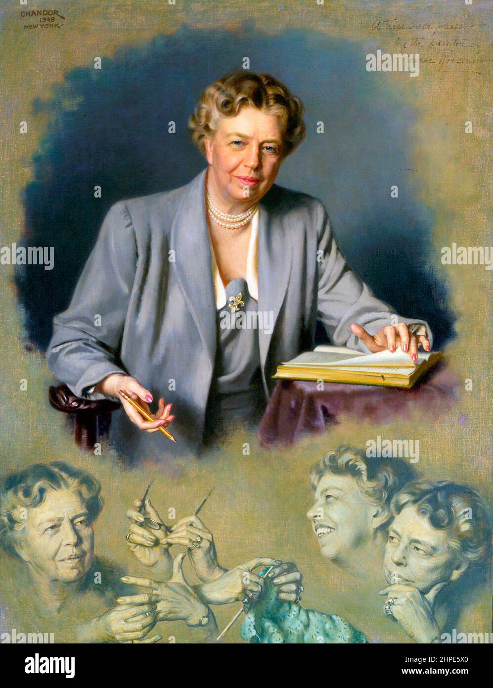 Porträt von Eleanor Roosevelt, gemalt 1949 im New Yorker Atelier von Douglas Chandor. 1966 wurde das Gemälde von der Historischen Vereinigung des Weißen Hauses für das Weiße Haus gekauft. Sie hängt im Vermeil-Raum Stockfoto