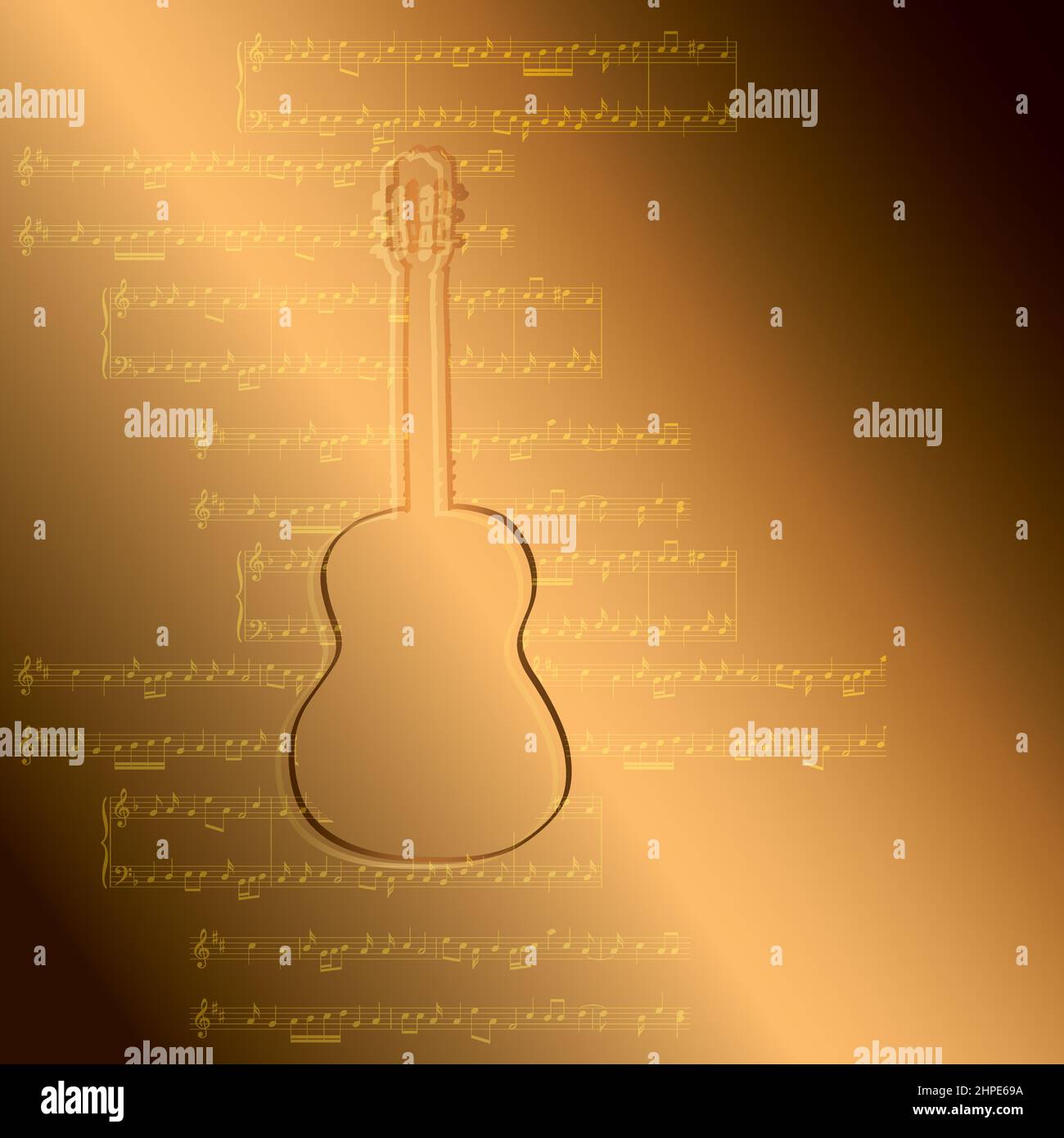 golden Gradient Hintergrund mit Gitarre und Noten - Vektor-Illustration Stock Vektor