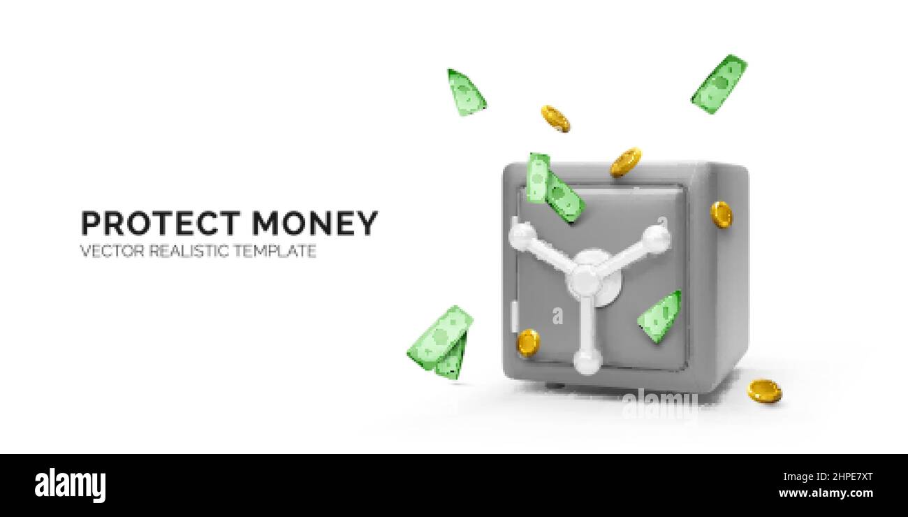 Realistischer geschlossener Stahlsafe mit fallender Goldmünze und Papierwährung. Cartoon-Stil des Bankkonzepts oder zuverlässiger Transaktionsservice. Vektorillust Stock Vektor