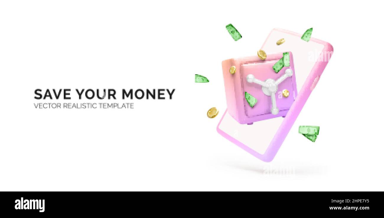 Mobiltelefon mit Schließfach und fallendem Goldmünze- und Papiergeld. Online-Banking oder Smart Bank Security Service-Anwendung. Vektorgrafik Stock Vektor