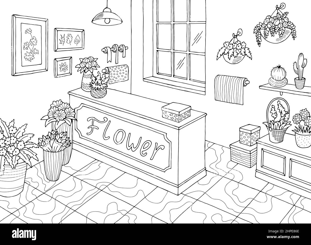 Blumengeschäft Innengrafik schwarz weiß Skizze Illustration Vektor Stock Vektor