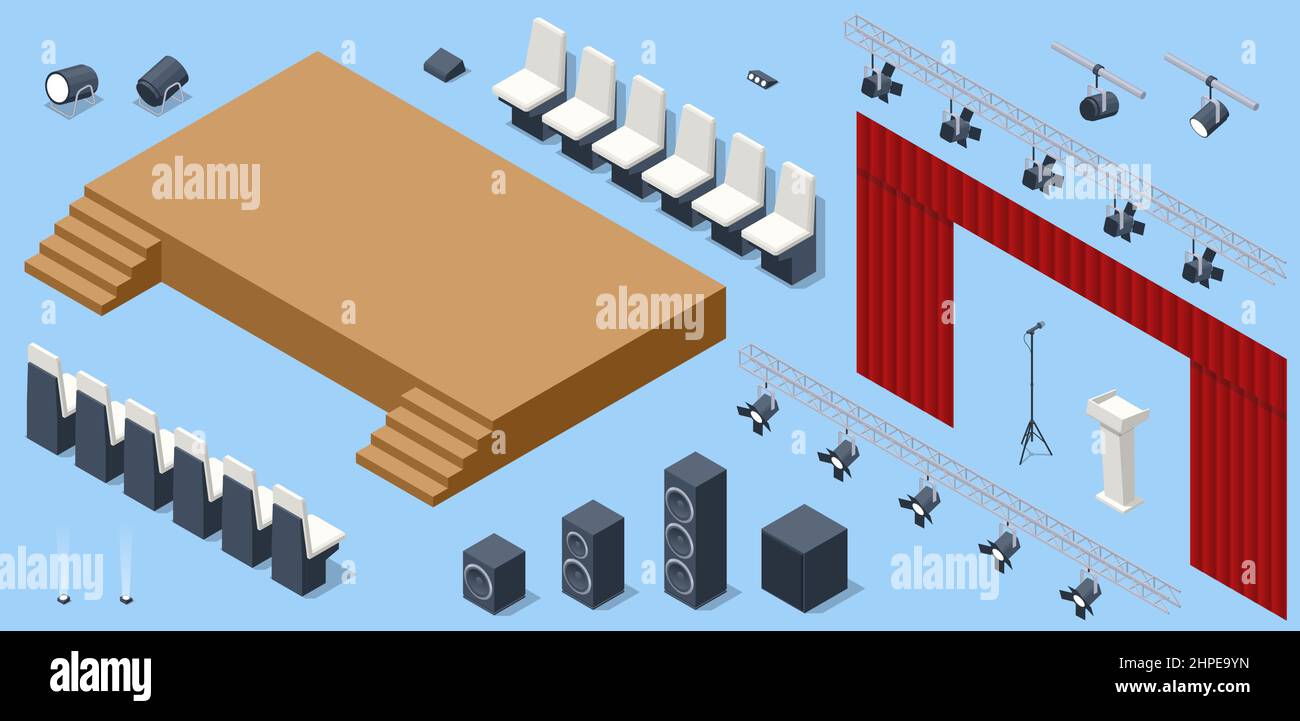 Raum für Pressekonferenzen Konstrukteur. Isometrisches Stativ für Pressekonferenz mit Mikrofonen, ausgestatteter Platz für den Lautsprecher, Theaterscheinwerfer Stock Vektor